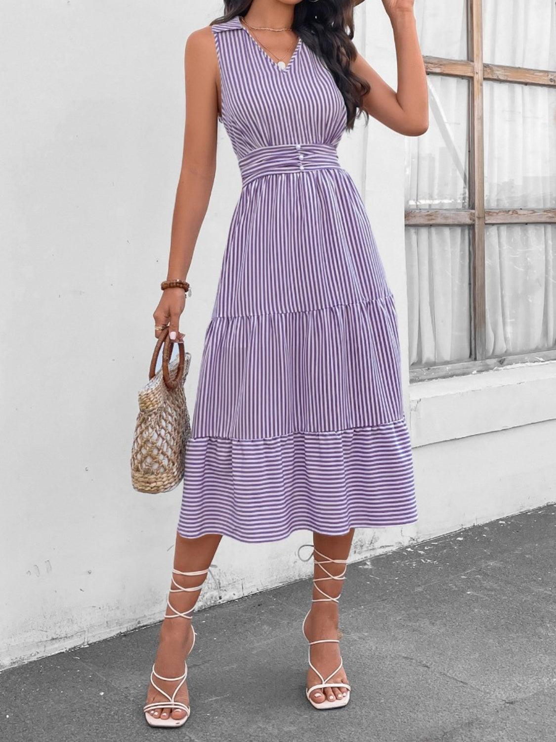 Striped Johnny Collar Sleeveless Midi Dress Carauana Store