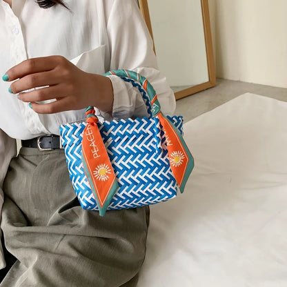 Contrast Woven Handbag with Ribbon Carauana Store