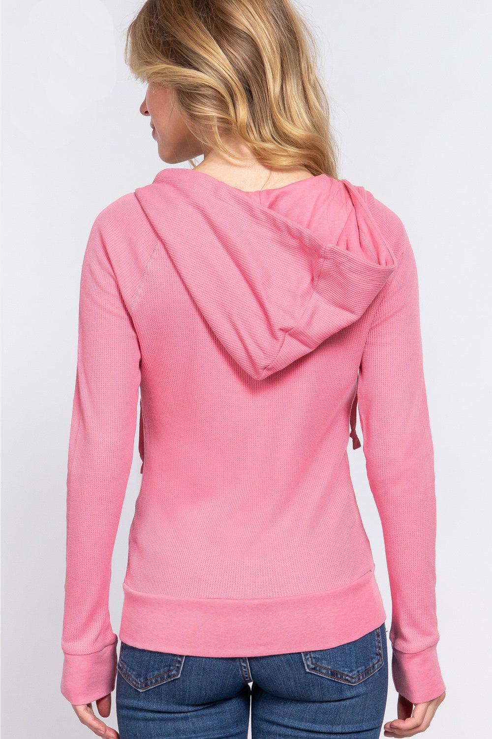 ACTIVE BASIC Waffle Knit Drawstring Zip Up Long Sleeve Hoodie Carauana Store