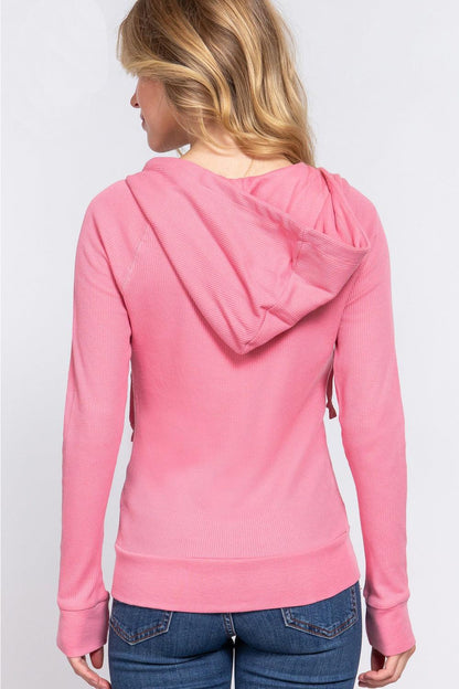 ACTIVE BASIC Waffle Knit Drawstring Zip Up Long Sleeve Hoodie Carauana Store