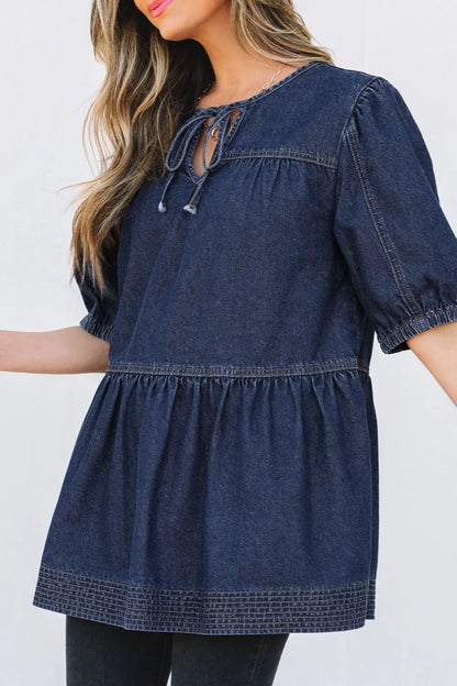 Tie Neck Babydoll Denim Top Carauana Store