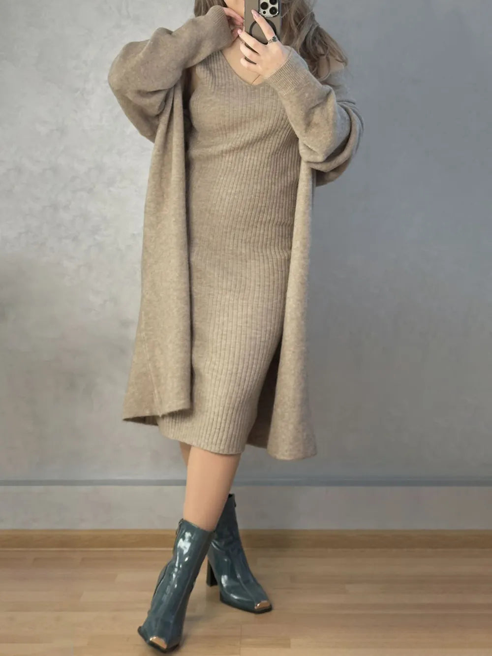 V-Neck Cami Dress and Open Front Cardigan Sweater Set Carauana Store