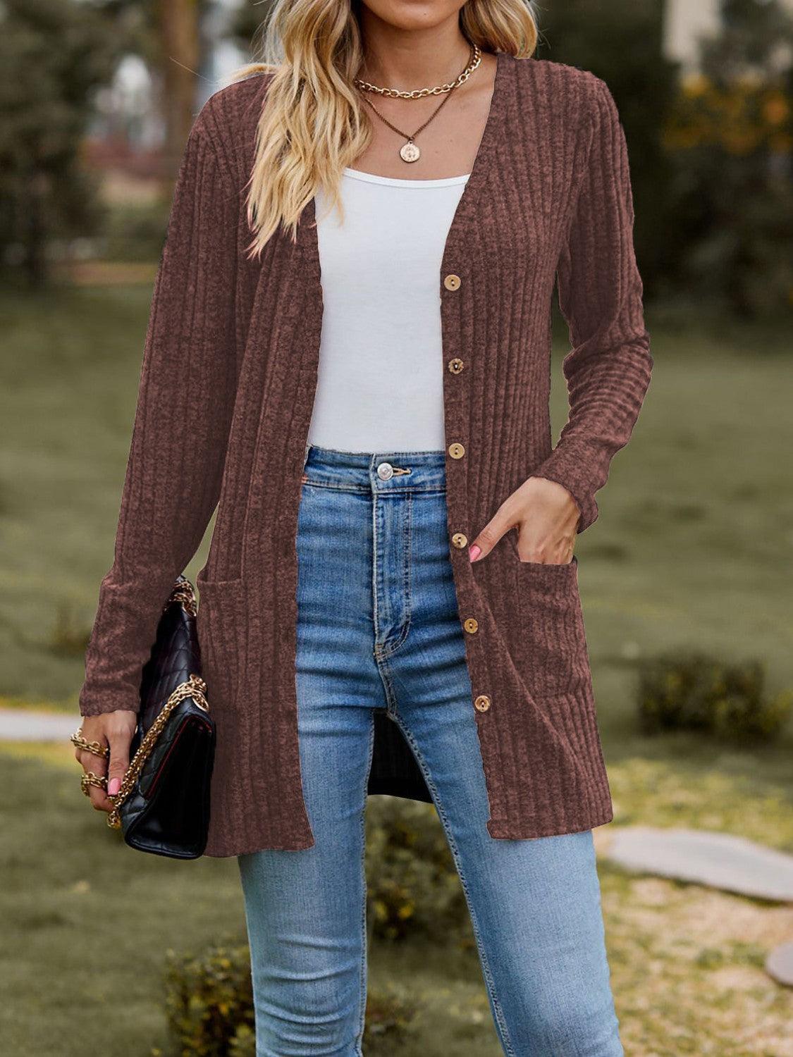 Ribbed Button Up Long Sleeve Cardigan Carauana Store