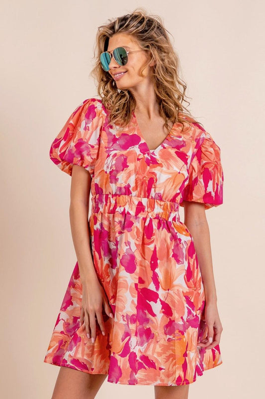BiBi Floral V-Neck Puff Sleeve Mini Dress Carauana Store