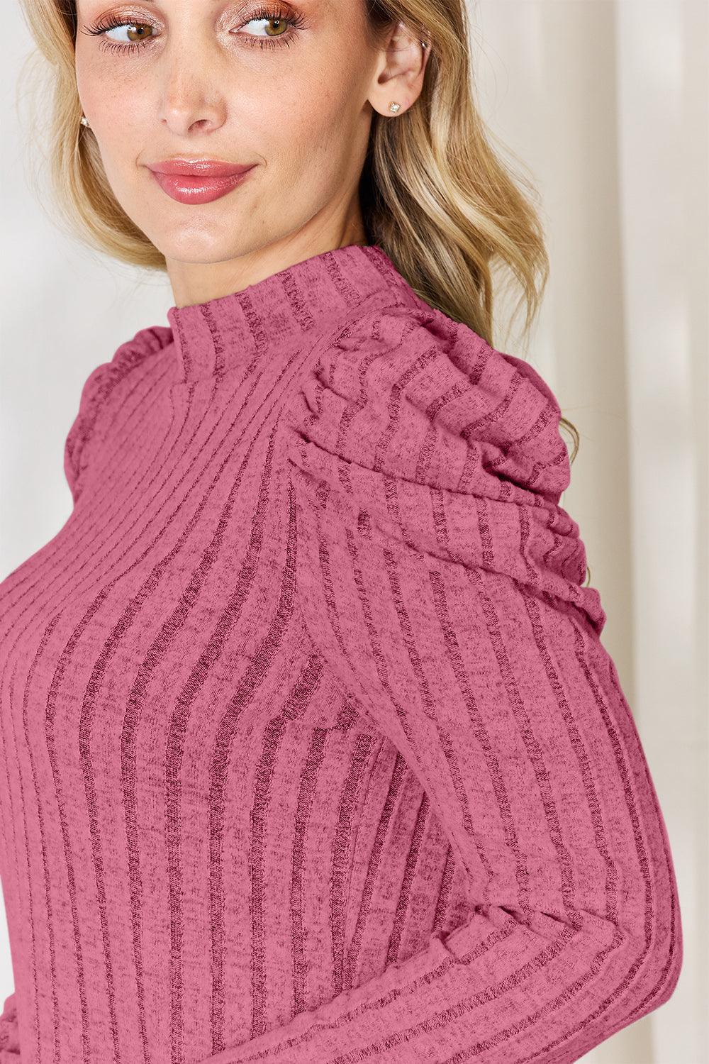 Basic Bae Full Size Ribbed Mock Neck Puff Sleeve T-Shirt Carauana Store