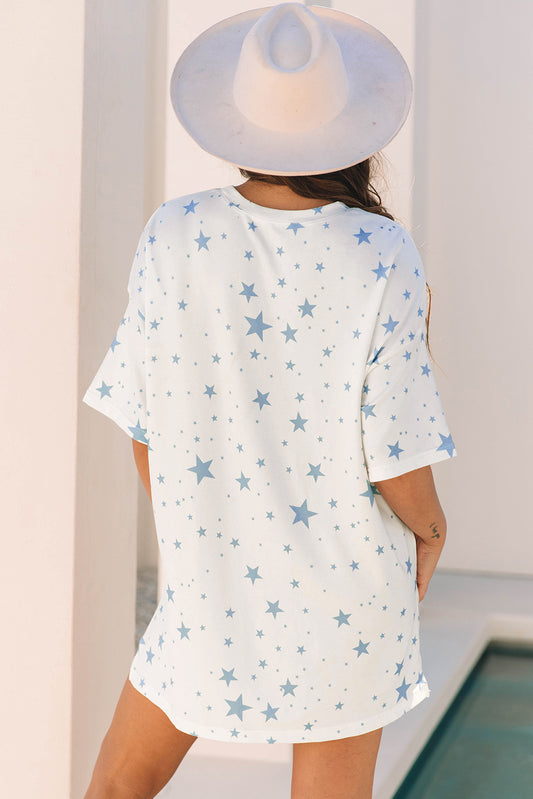 Sky Blue Stars Print Drop Shoulder Oversized T Shirt with Slits