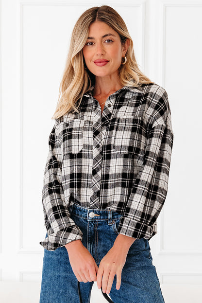 Black Plaid Print Chest Pockets Buttoned Shirt