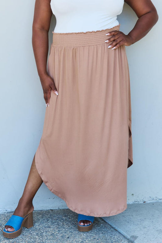 Doublju Comfort Princess Full Size High Waist Scoop Hem Maxi Skirt in Tan Carauana Store