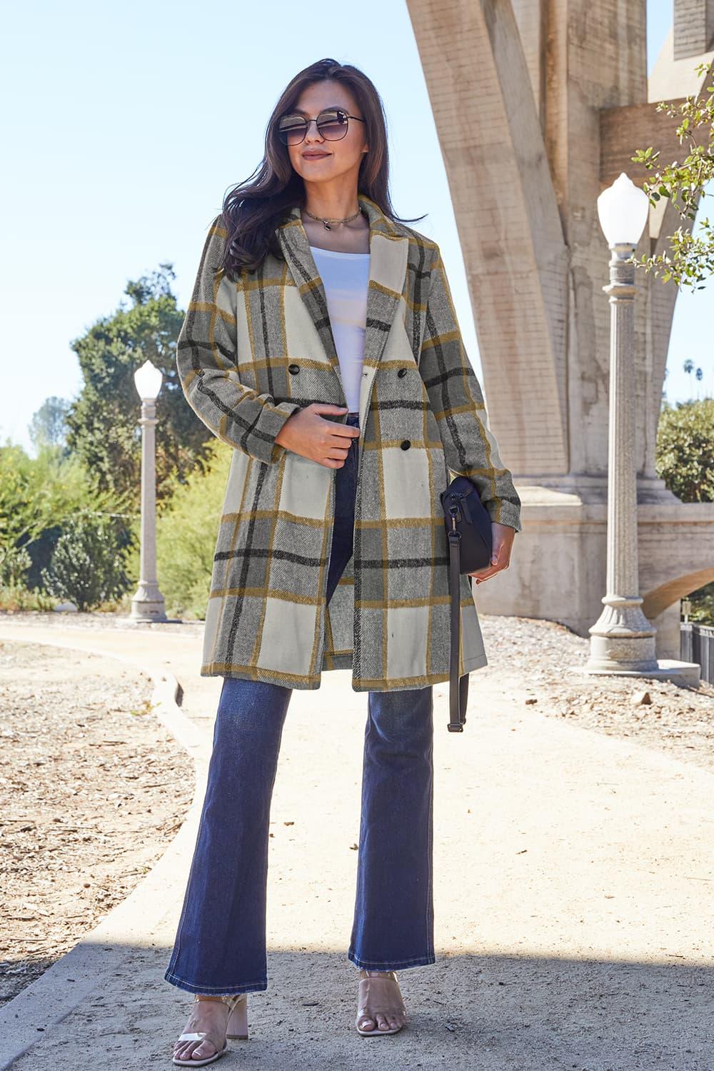 Double Take Full Size Plaid Button Up Lapel Collar Coat Carauana Store