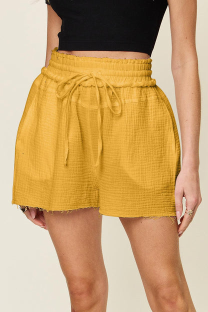 Double Take Full Size Texture Raw Trim Drawstring Shorts Carauana Store
