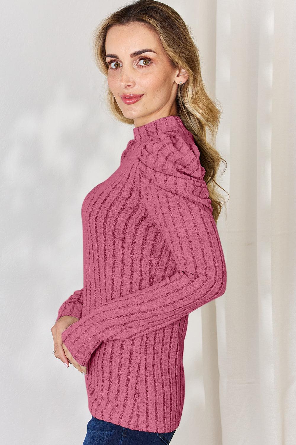 Basic Bae Full Size Ribbed Mock Neck Puff Sleeve T-Shirt Carauana Store