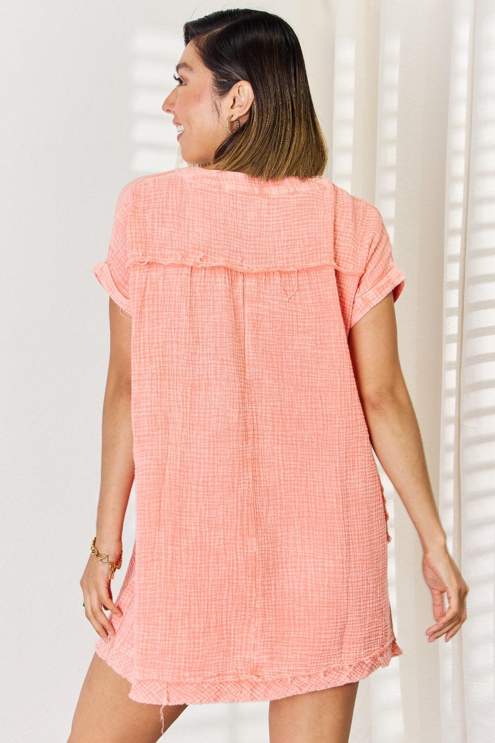 Zenana Washed Nochted Rolled Short Sleeve Dress Carauana Store