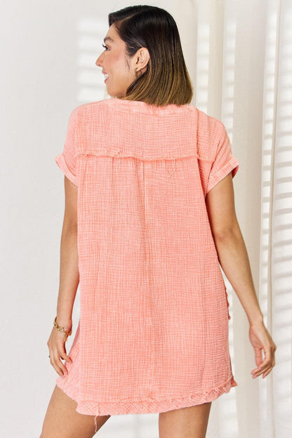 Zenana Washed Nochted Rolled Short Sleeve Dress Carauana Store