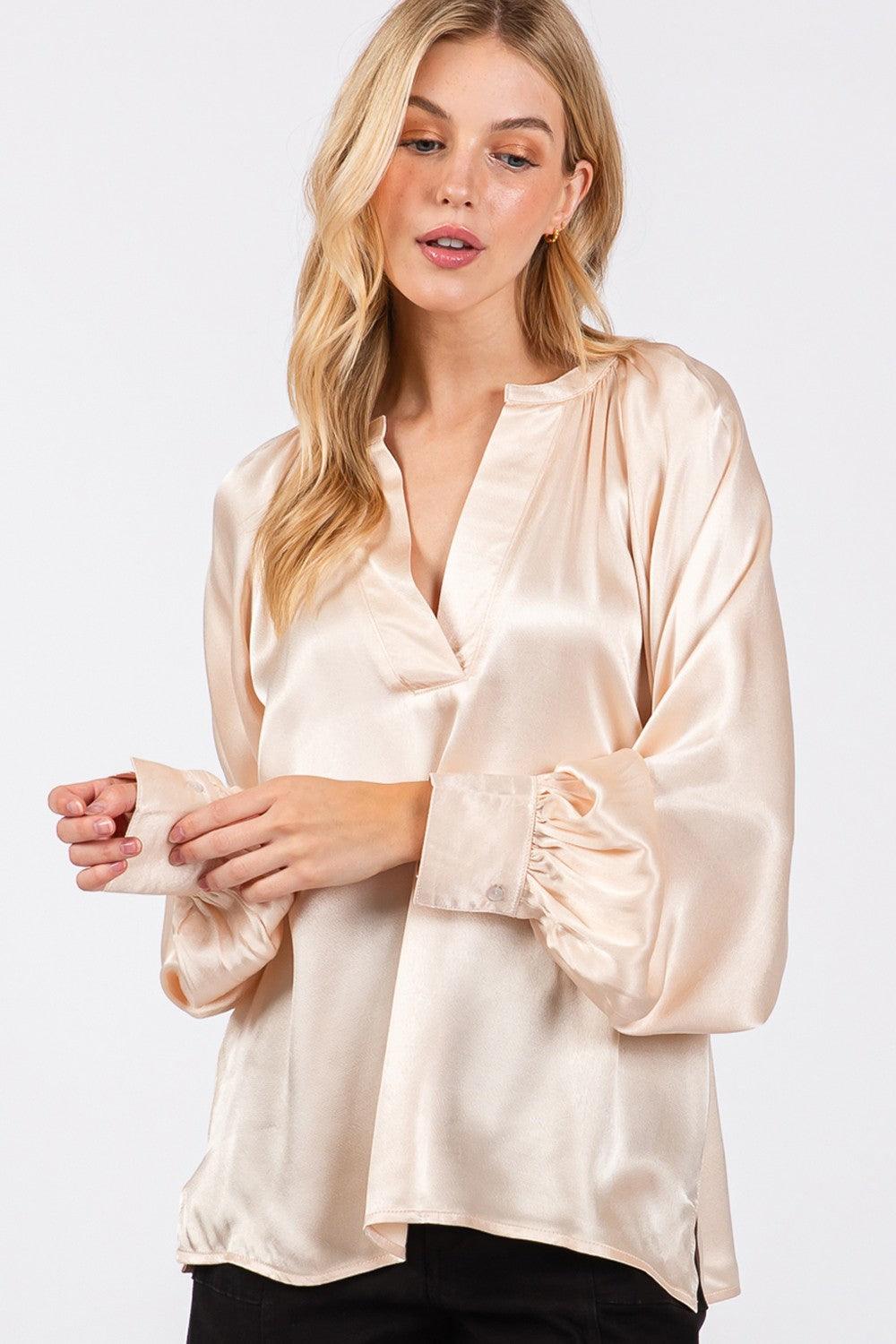 SAGE + FIG Notched Long Sleeve Blouse Carauana Store