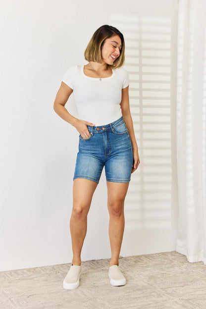 Judy Blue Full Size Tummy Control Double Button Bermuda Denim Shorts Carauana Store