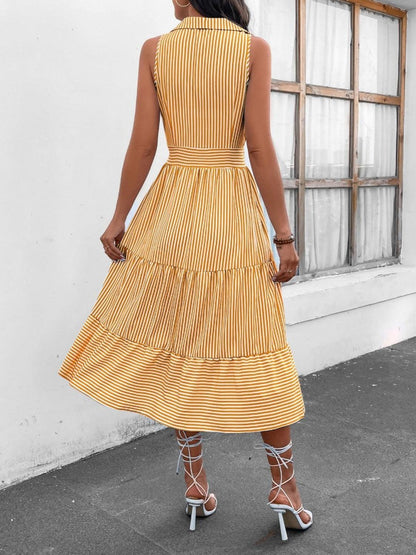 Striped Johnny Collar Sleeveless Midi Dress Carauana Store