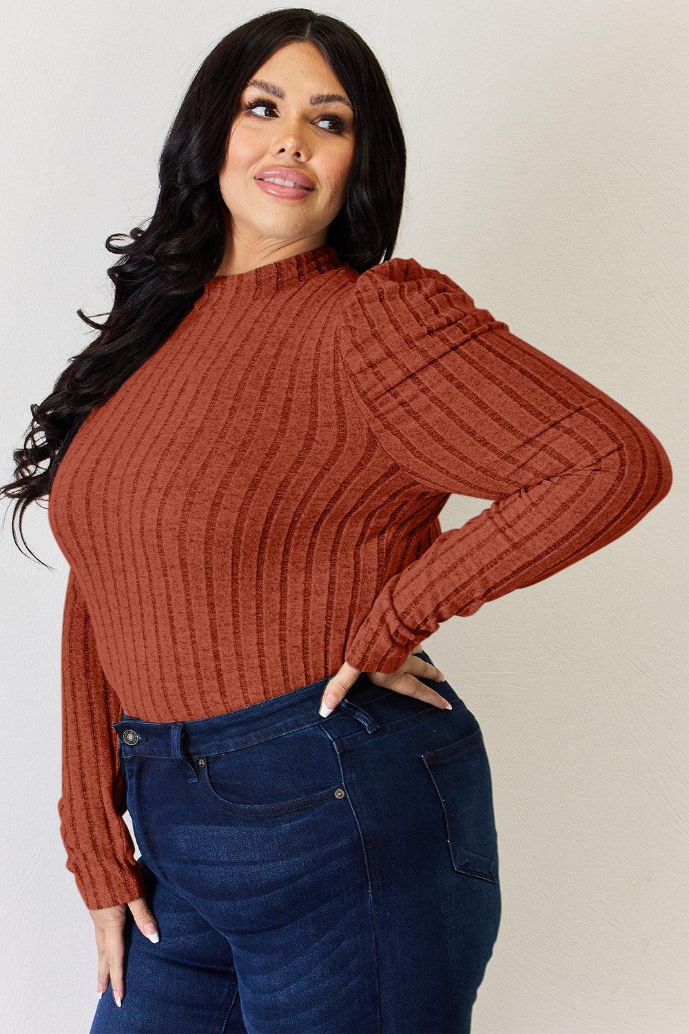 Basic Bae Full Size Ribbed Mock Neck Puff Sleeve T-Shirt Carauana Store