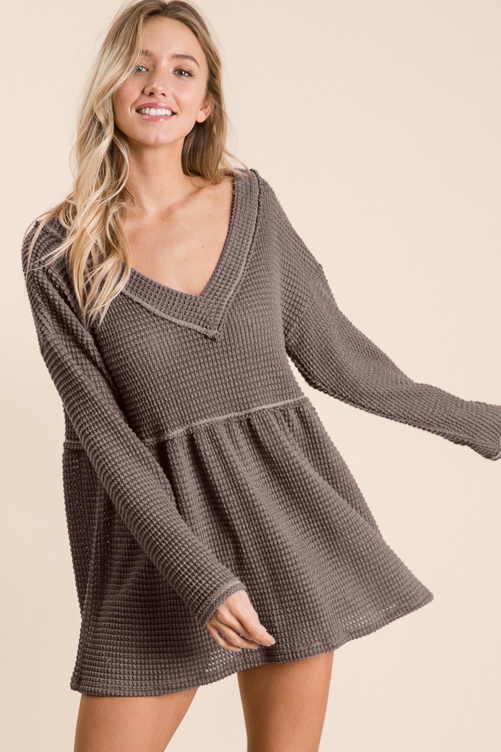 BiBi Waffle Knit V-Neck Babydoll Blouse Carauana Store