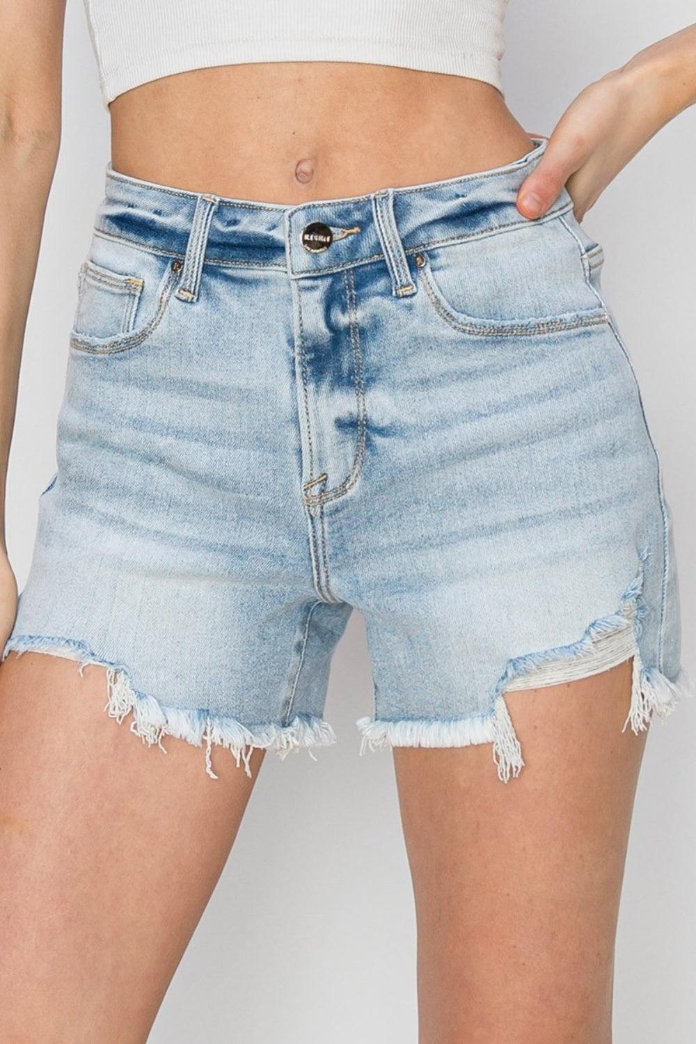 RISEN High Waist Frayed Detail Denim Shorts Carauana Store