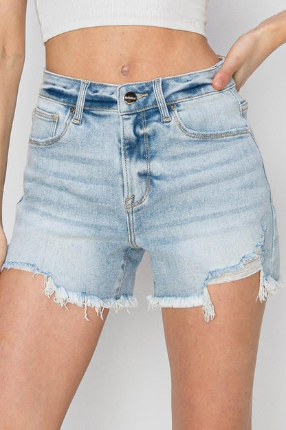 RISEN High Waist Frayed Detail Denim Shorts Carauana Store
