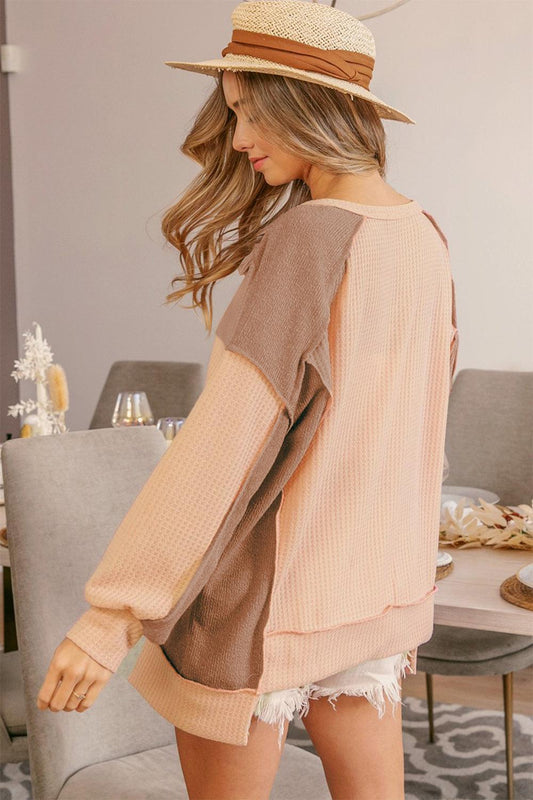 BiBi Half Button Exposed Seam Contrast Waffle Top Carauana Store