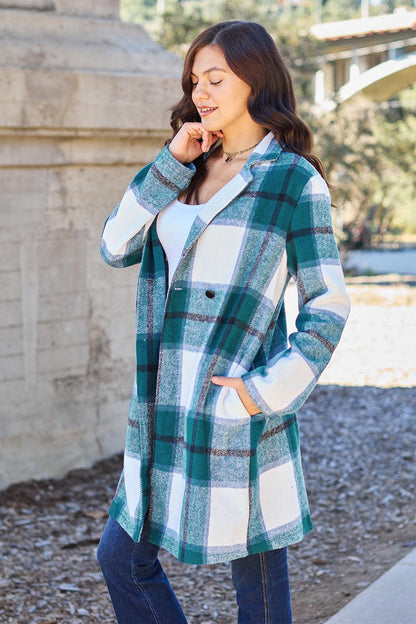 Double Take Full Size Plaid Button Up Lapel Collar Coat Carauana Store