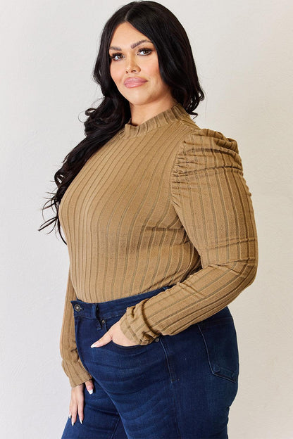 Basic Bae Full Size Ribbed Mock Neck Puff Sleeve T-Shirt Carauana Store