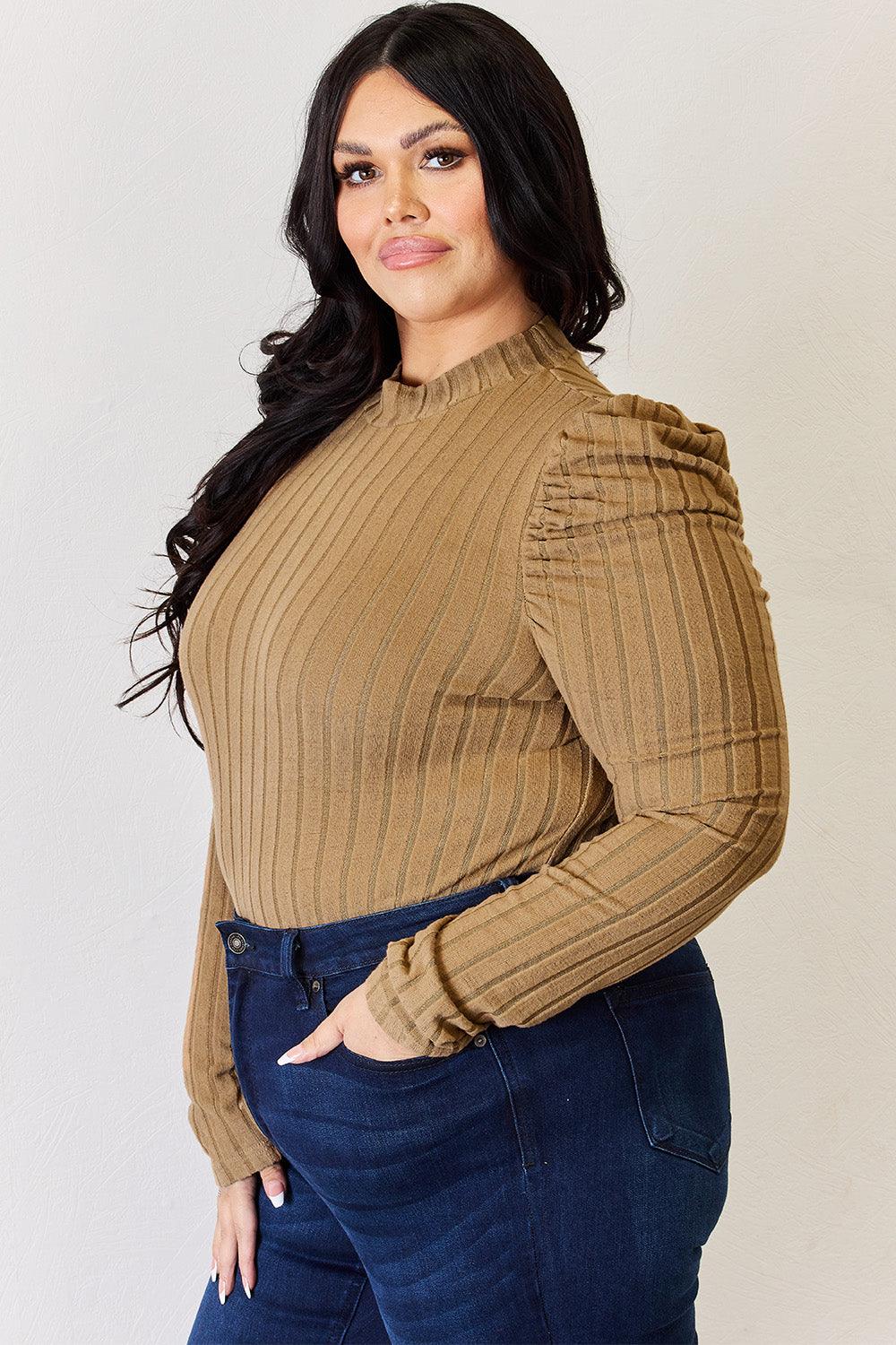 Basic Bae Full Size Ribbed Mock Neck Puff Sleeve T-Shirt Carauana Store