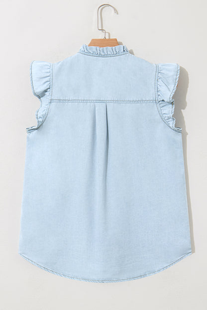 Beau Blue Mineral Wash Frilled Button Up Denim Shirt