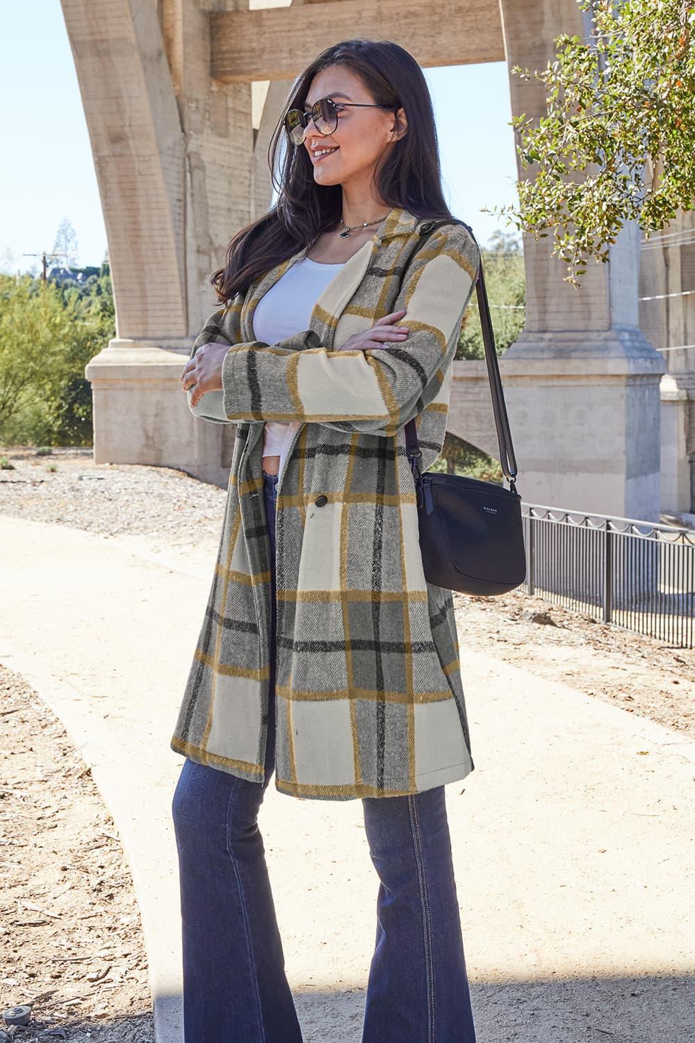 Double Take Full Size Plaid Button Up Lapel Collar Coat Carauana Store