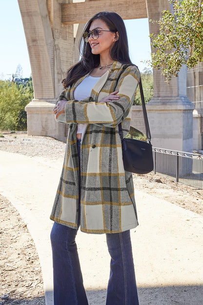 Double Take Full Size Plaid Button Up Lapel Collar Coat Carauana Store