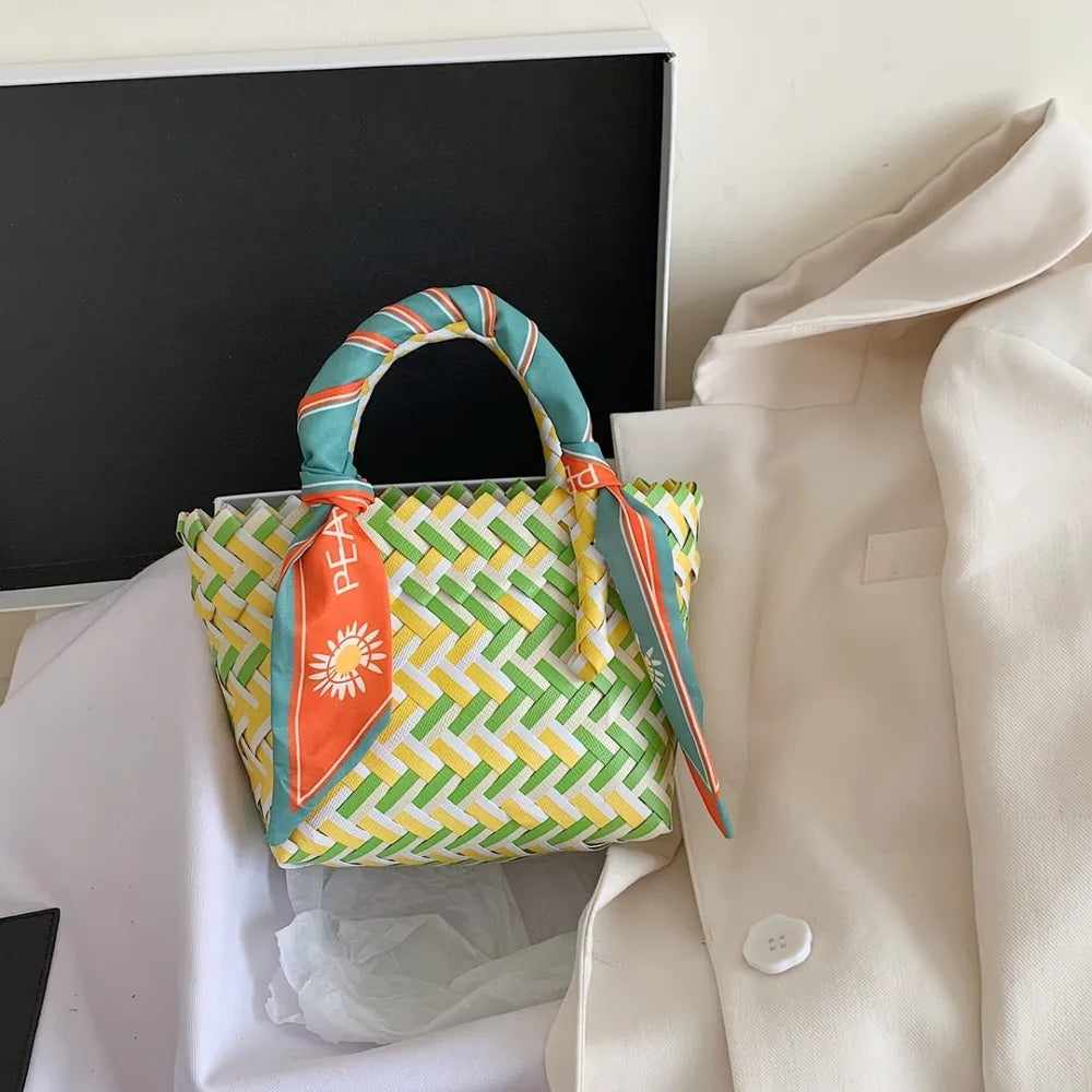 Contrast Woven Handbag with Ribbon Carauana Store