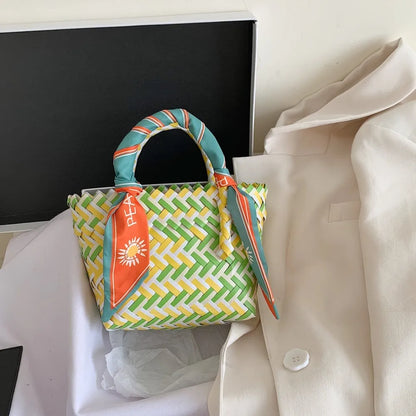 Contrast Woven Handbag with Ribbon Carauana Store