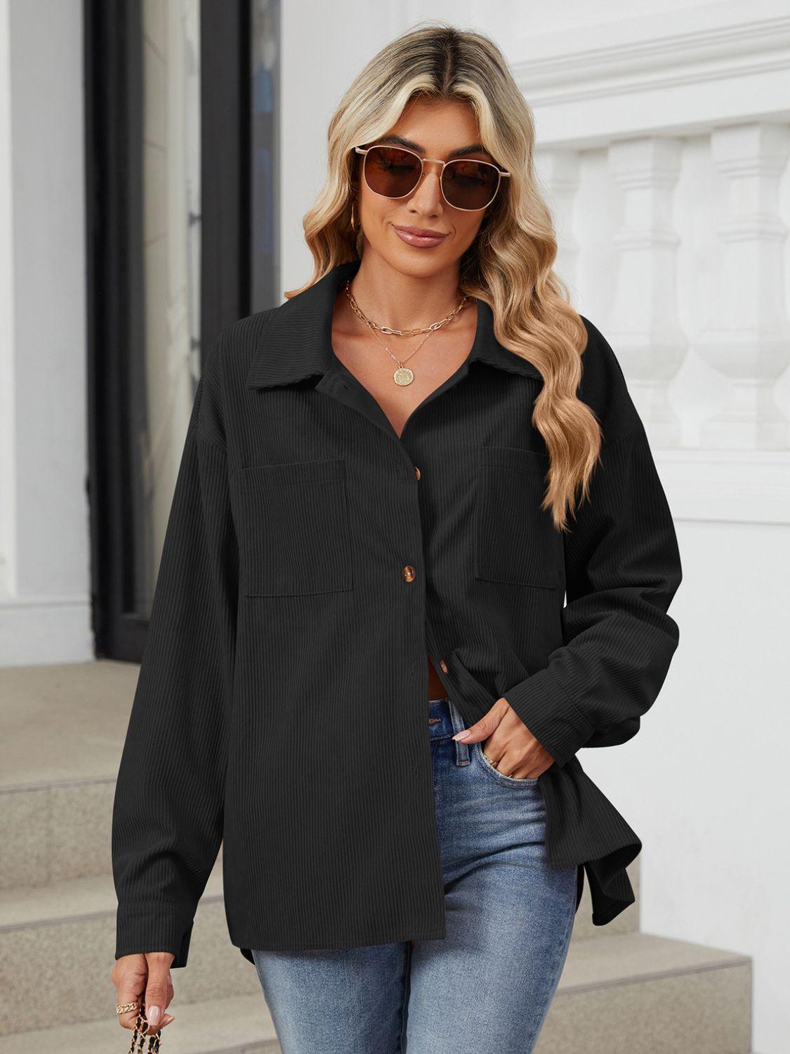 Button Up Dropped Shoulder Long Sleeve Outerwear Carauana Store