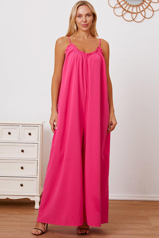 Double Take Full Size Ruffle Trim Tie Back Cami Jumpsuit with Pockets Carauana Store