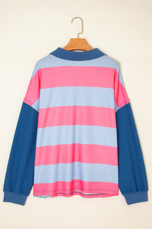 Blue Stripe Colorblock Patchwork Zip up Plus Size Pullover