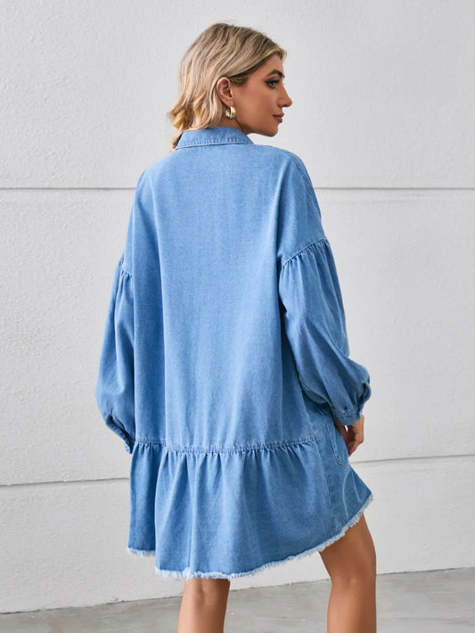 Button Up Pocketed Raw Hem Denim Dress Carauana Store
