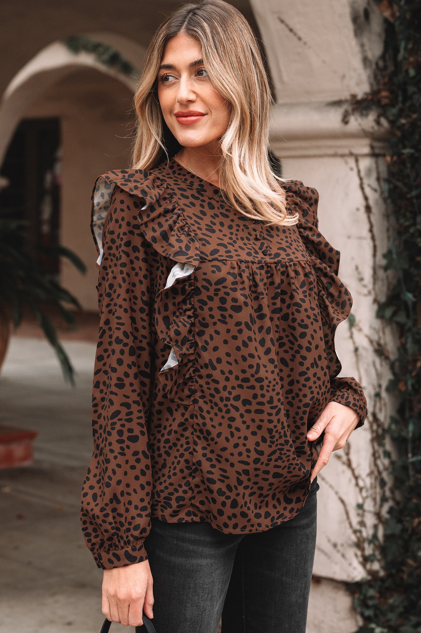 Brown Leopard Print Ruffled Puff Sleeve Blouse