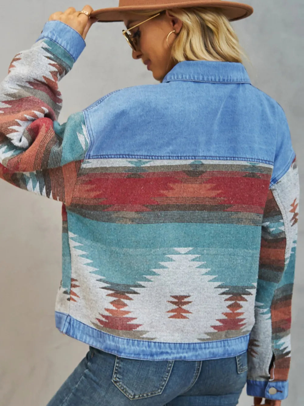 Geometric Button Up Dropped Shoulder Denim Jacket Carauana Store