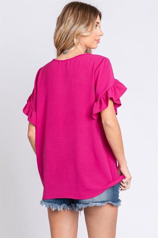 GeeGee V-Neck Ruffle Trim Short Sleeve Blouse Carauana Store