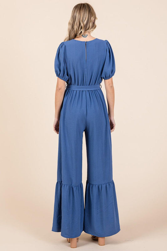 GeeGee Full Size V-Neck Belted Wide Leg Jumpsuit Carauana Store