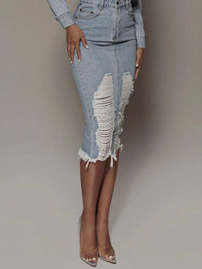 Distressed Slit Denim Skirt Carauana Store