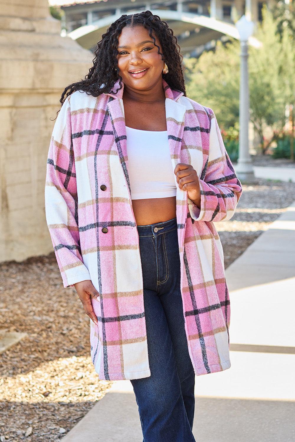 Double Take Full Size Plaid Button Up Lapel Collar Coat Carauana Store