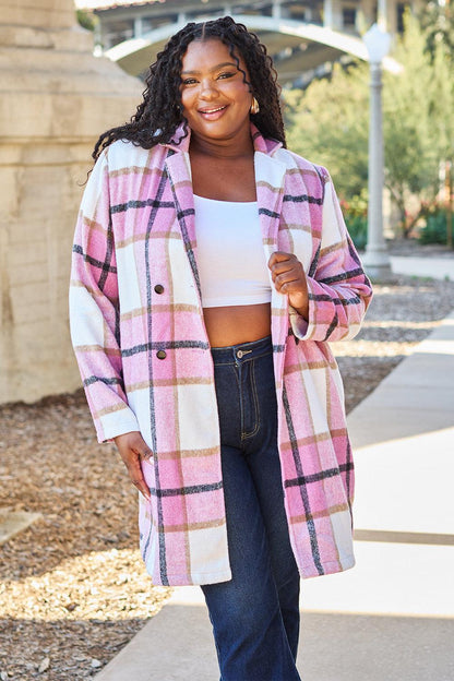 Double Take Full Size Plaid Button Up Lapel Collar Coat Carauana Store