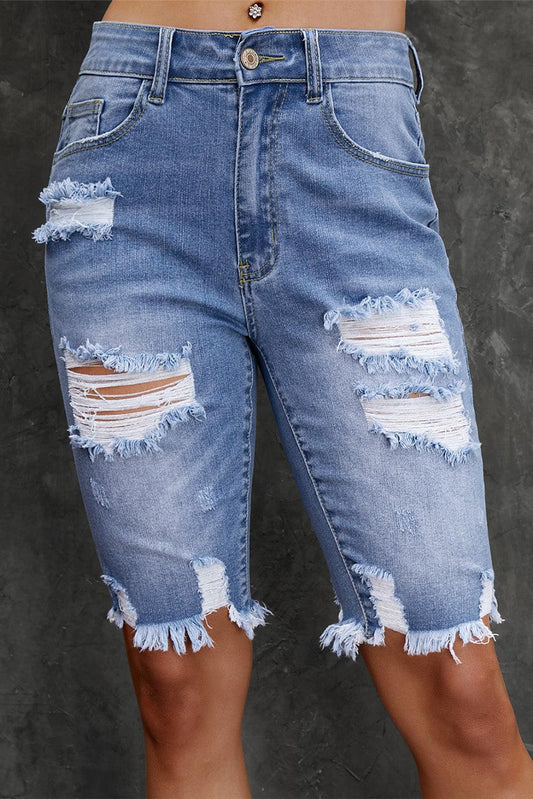 Distressed Frayed Hem Denim Bermuda Shorts Carauana Store