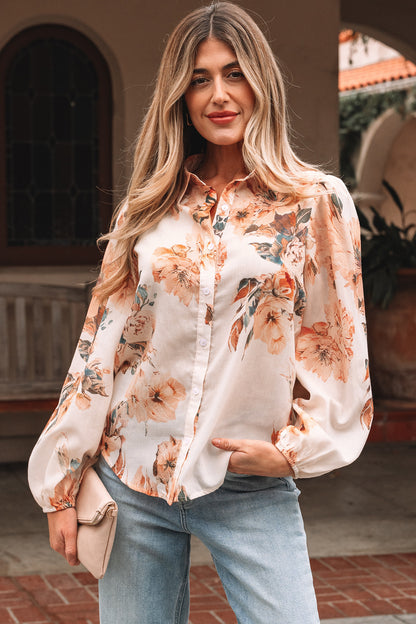 Orange Floral Puff Sleeve Lightweight Shirt