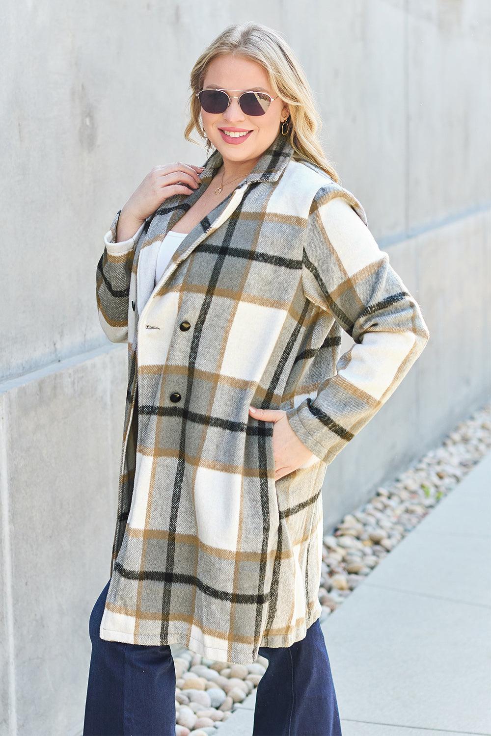 Double Take Full Size Plaid Button Up Lapel Collar Coat Carauana Store