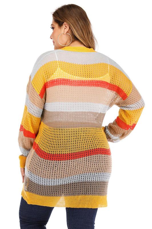 Plus Openwork Color Block Button Up Cardigan Carauana Store