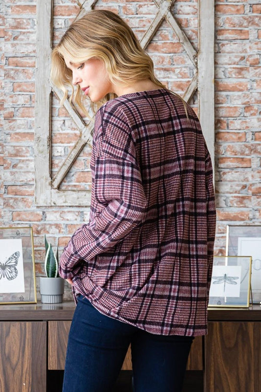 Heimish Full Size Plaid V-Neck Long Sleeve Top Carauana Store