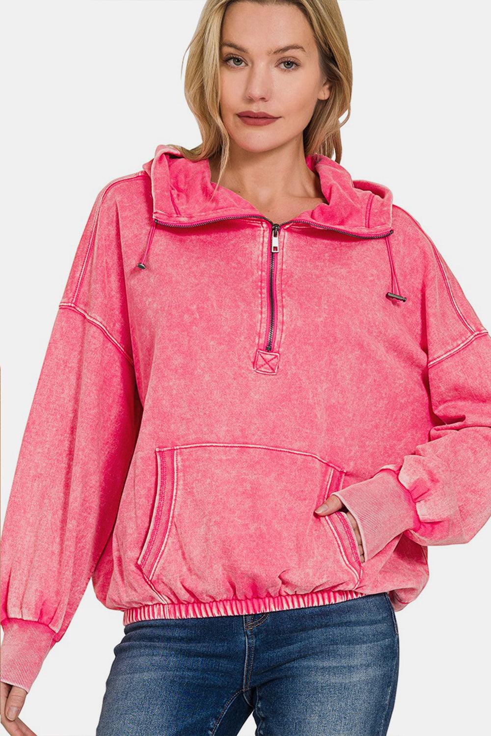Zenana Drawstring Half Zip Dropped Shoulder Hoodie Carauana Store